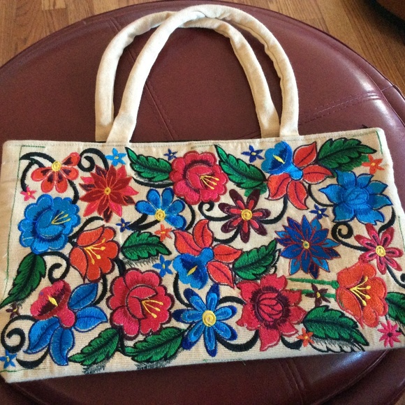 Handbags - Guatemala  Floral Huipil Canvas Purse ~ Tan